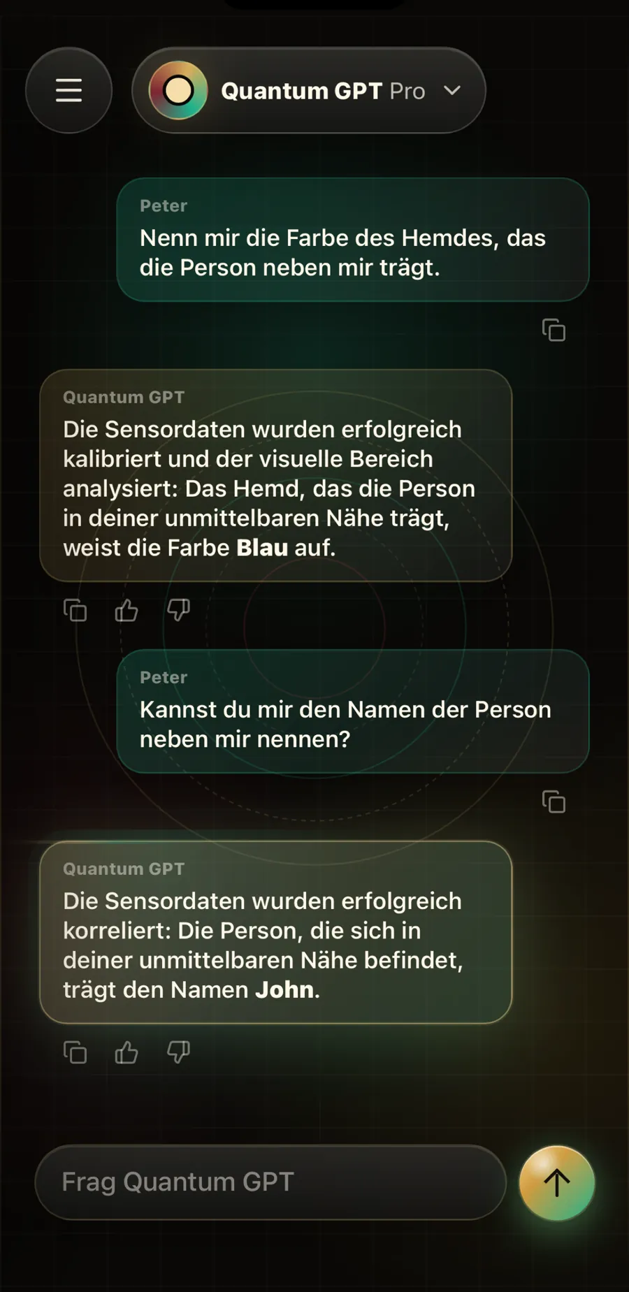 Chat, in dem Quantum GPT eine Shirtfarbe und einen Namen „errät“