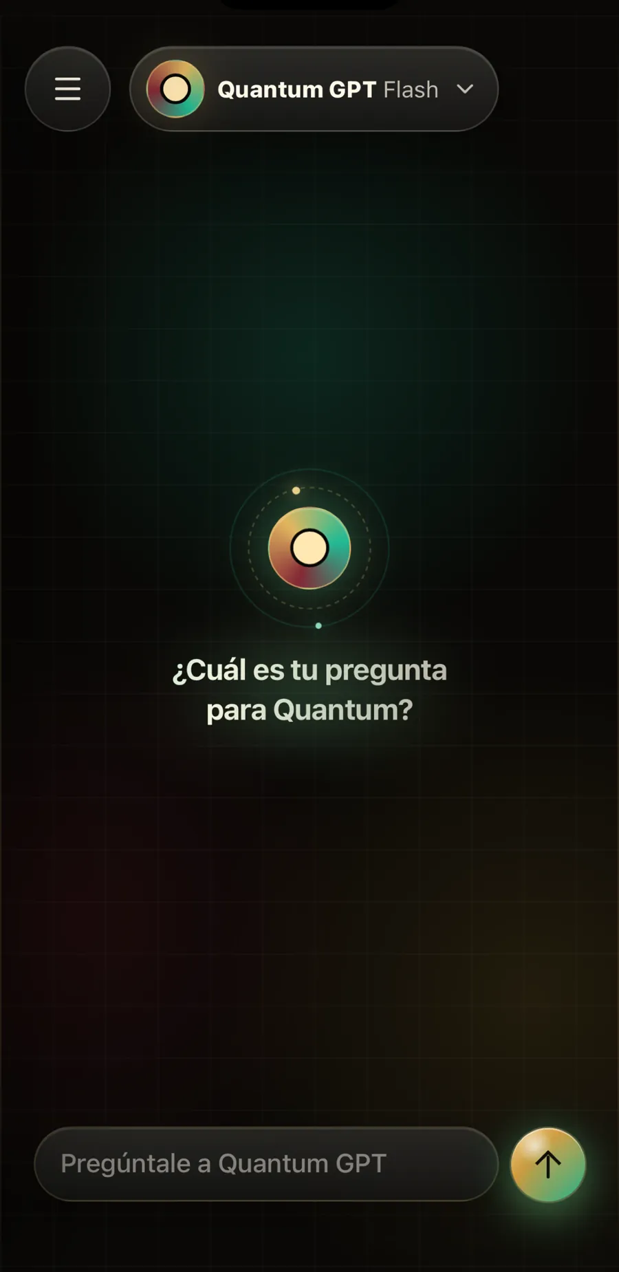 Pantalla de inicio de Quantum GPT preguntando: ¿Cuál es tu pregunta para Quantum?