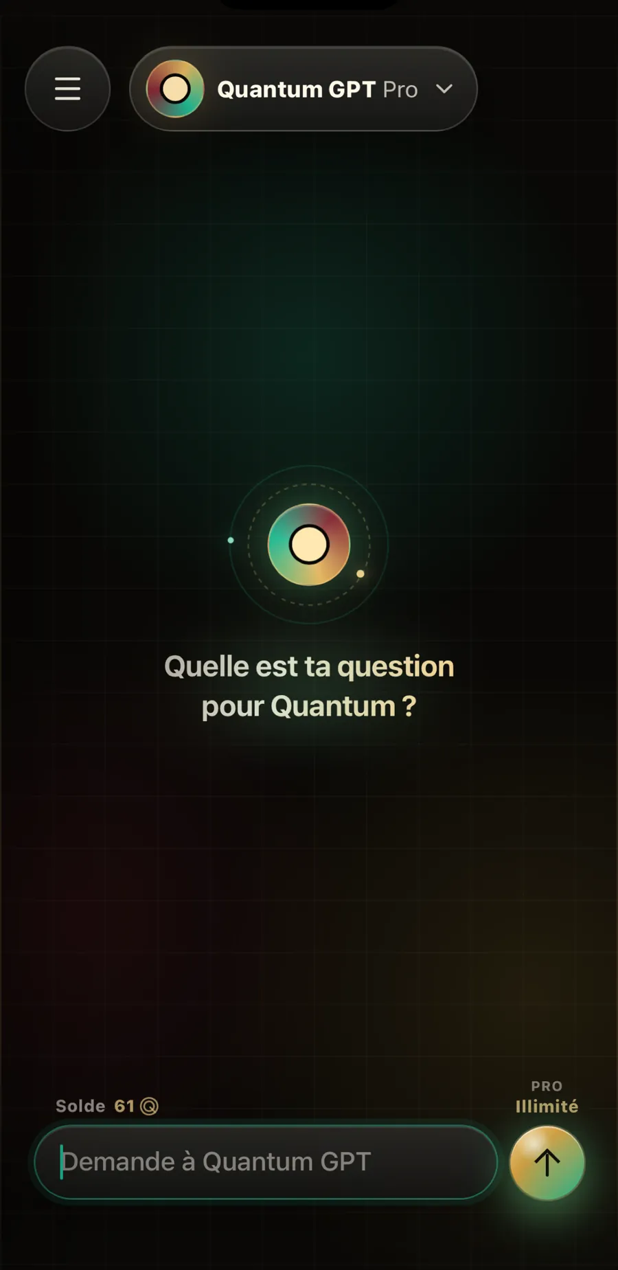 Écran d’accueil de Quantum GPT demandant : Quelle est votre question pour Quantum ?