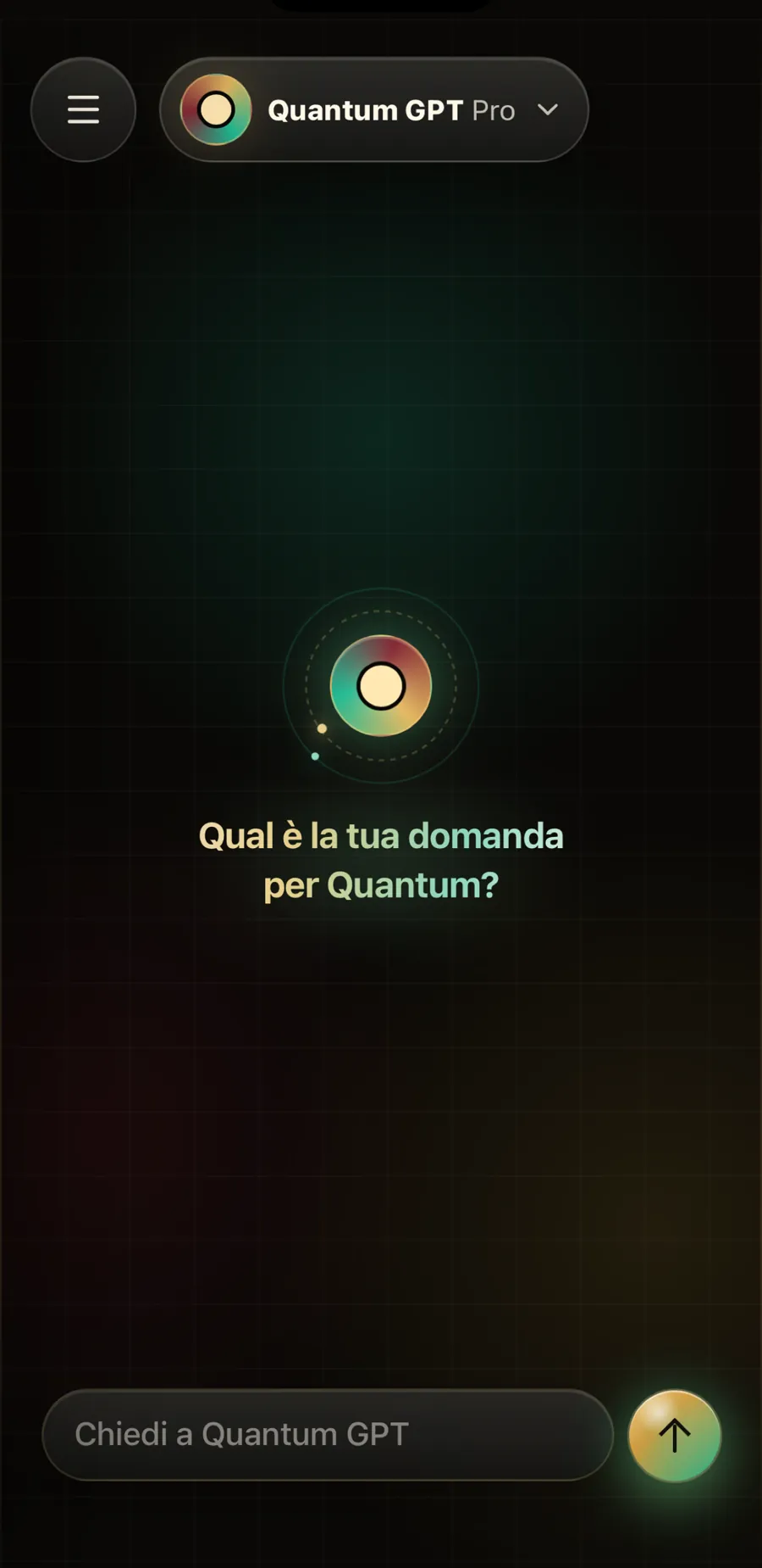 Schermata iniziale di Quantum GPT che chiede: Qual è la tua domanda per Quantum?