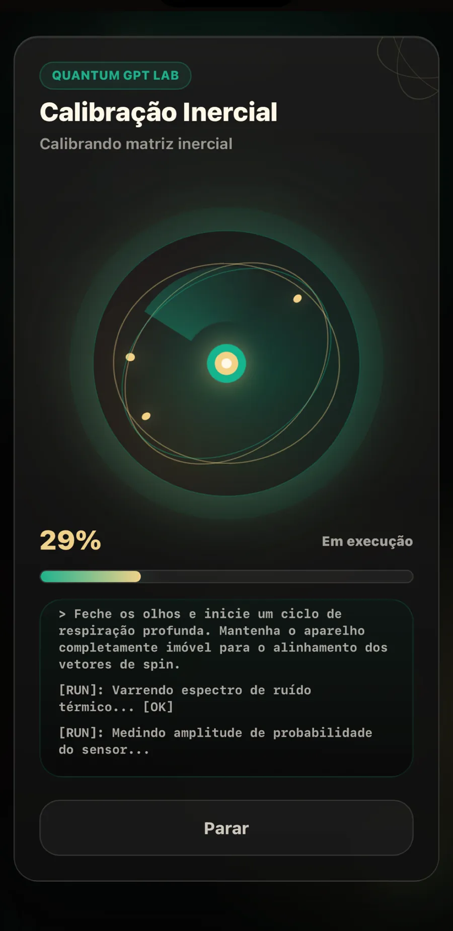 Tela de calibração inercial do Quantum GPT Lab